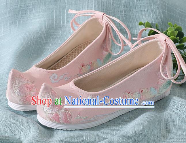 Chinese Handmade Embroidered Mandarin Duck Lotus Pink Shoes Traditional Ming Dynasty Hanfu Shoes Princess Shoes for Women
