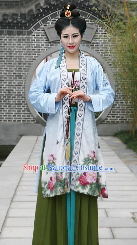 China Traditional Hanfu Blue Beizi and Green Skirt Ming Dynasty Young Woman Costumes Ancient Noble Mistress Clothing